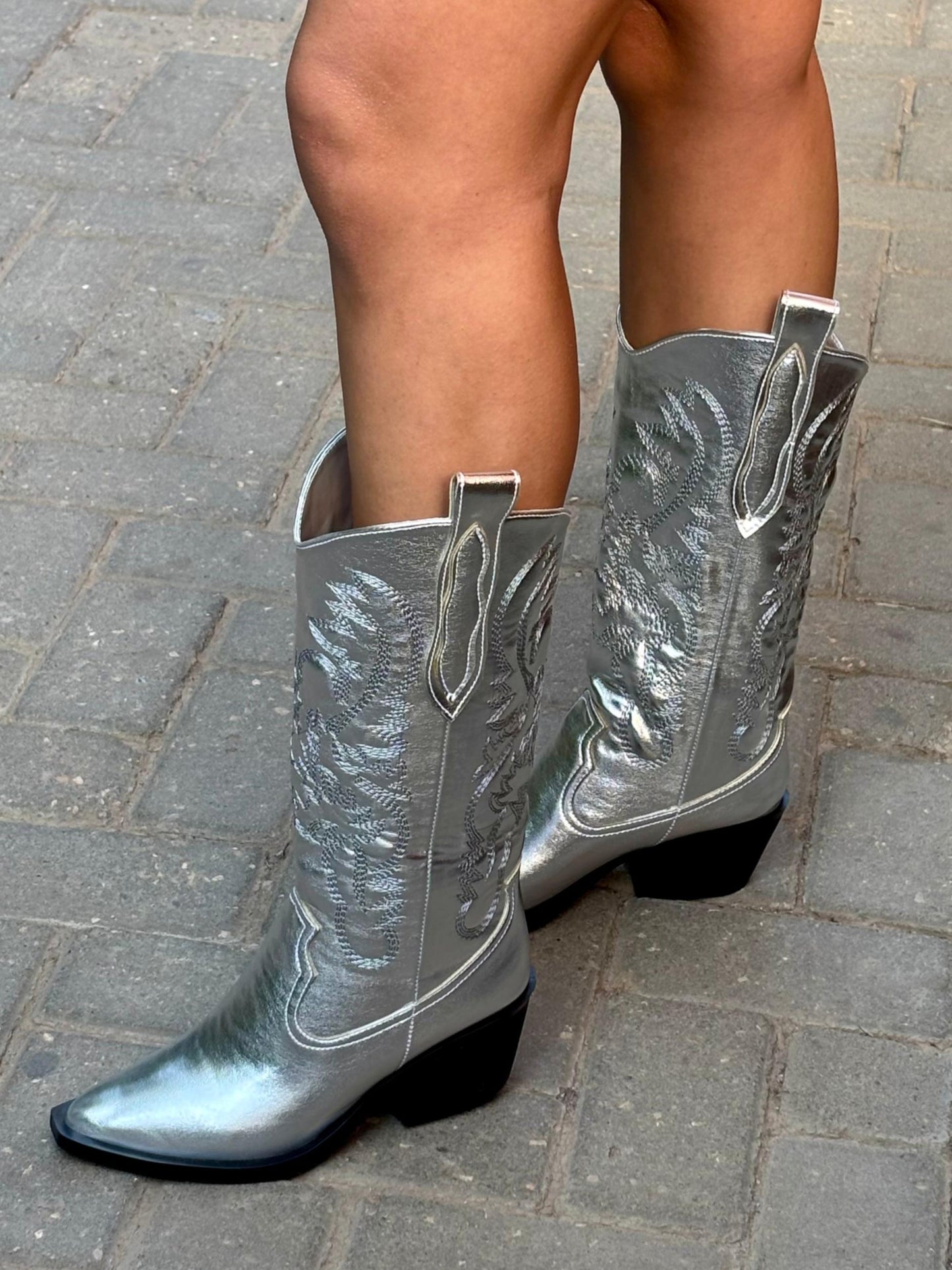 Metallic Cowboy Boots In Silver