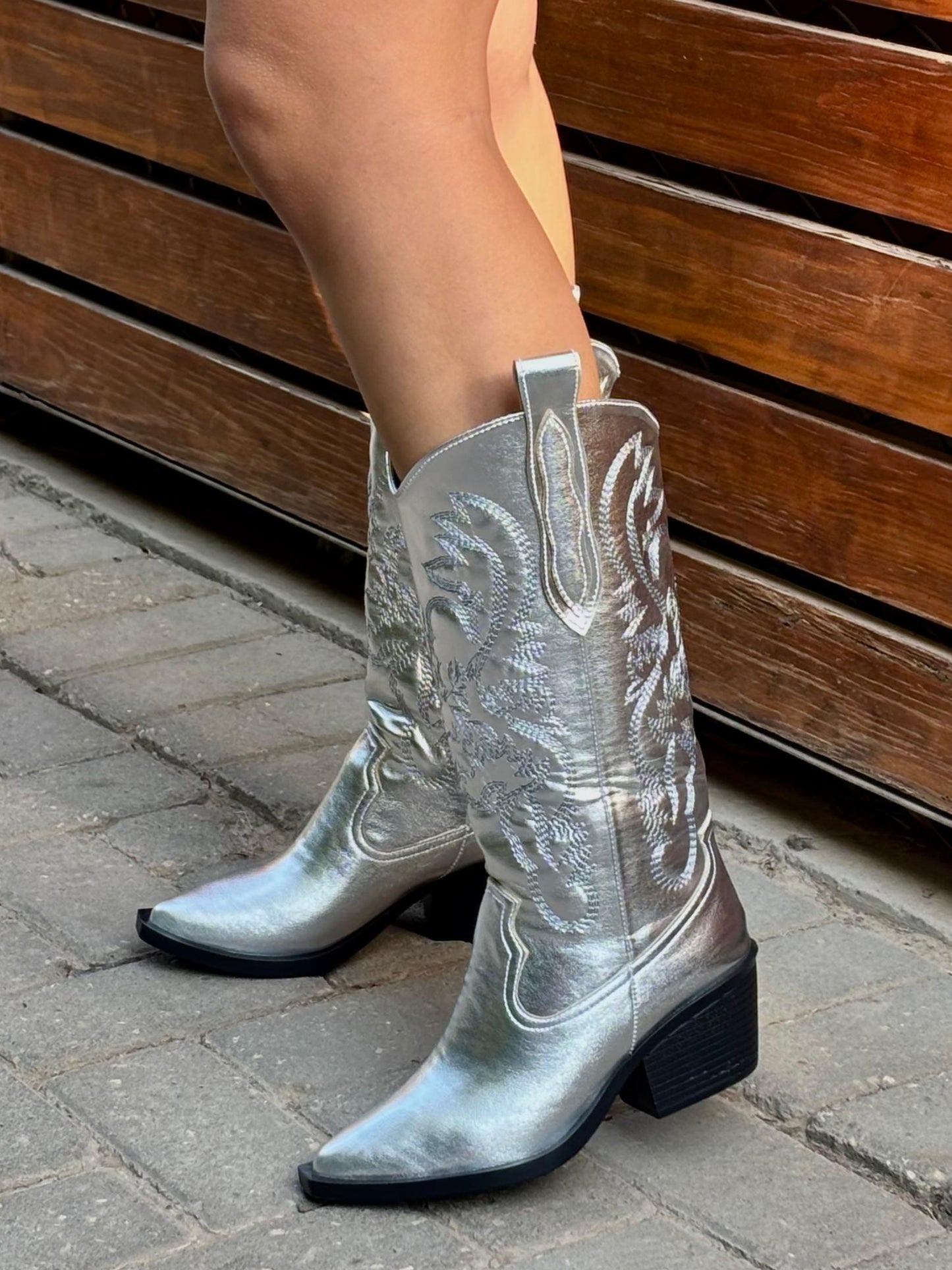 Metallic Cowboy Boots In Silver
