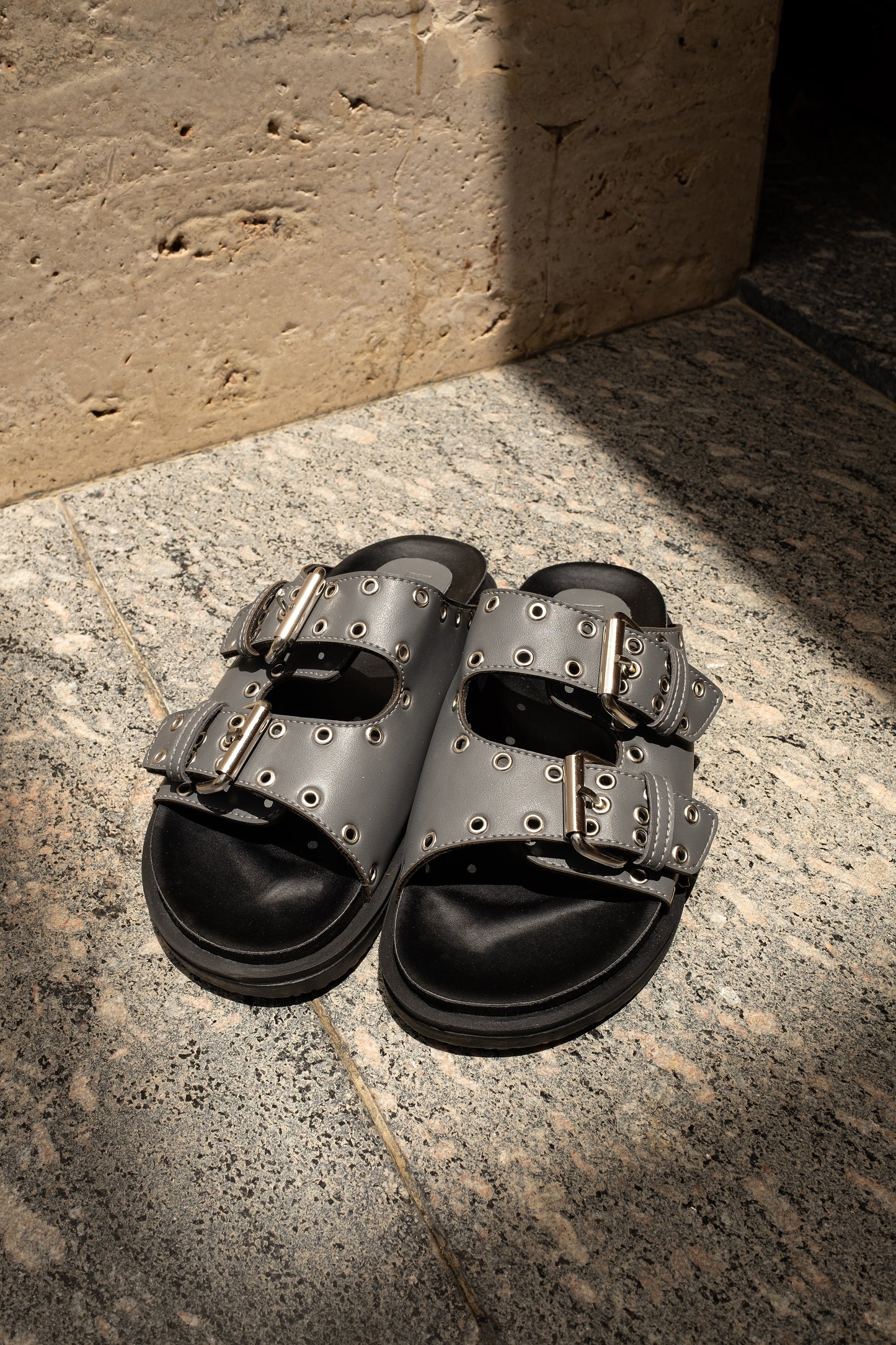 Double Buckle Slides in Grey