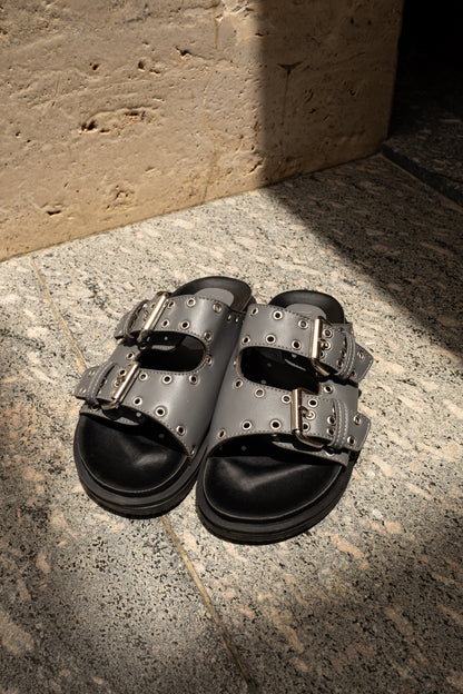 Double Buckle Slides in Grey